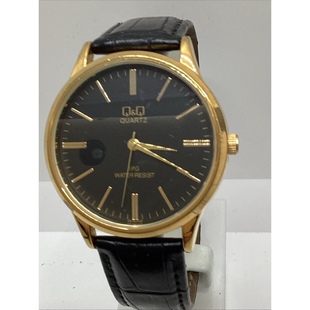 Q&Q Mens Gold Tone Round Tone Black Leather Fashion Watch New Battery